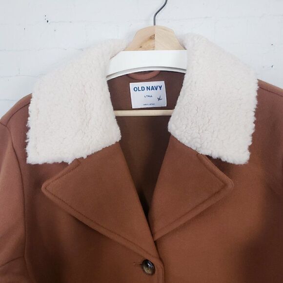 Old Navy Coat Size L Tall Camel Brown Sherpa Collar Faux Wool NEW - Picture 3 of 10